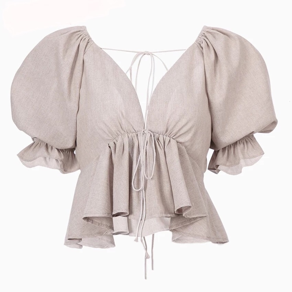 Top T-Shirt puff sleeve peplum khaki linen cotton linen - Picture 2 of 8